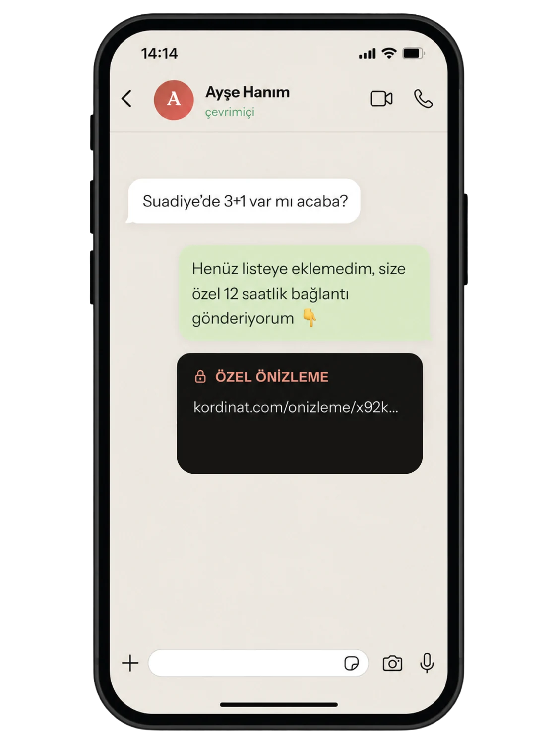 WhatsApp'tan müşteriye gönderilen 12 saatlik özel önizleme linki